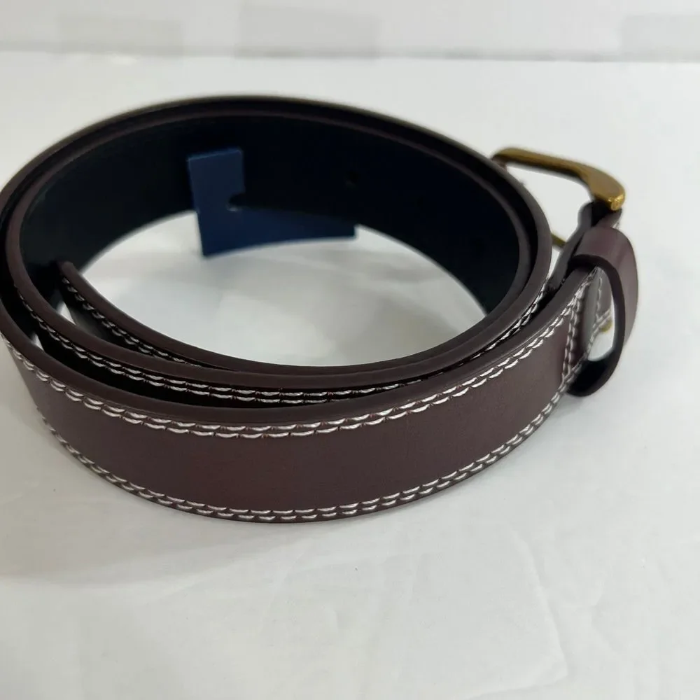 Club Room Double-Stitch Belt Mens Small 30-32 Burgundy‎ Leather Gold Buckle